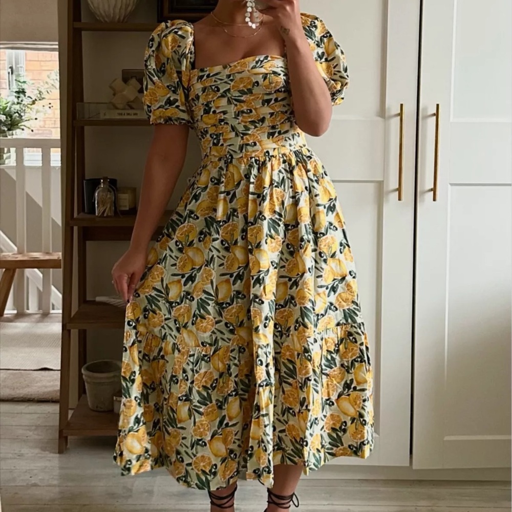Abercrombie & Fitch Emerson Linen-Blend Puff Sleeve Midi Dress (Lemon Print)